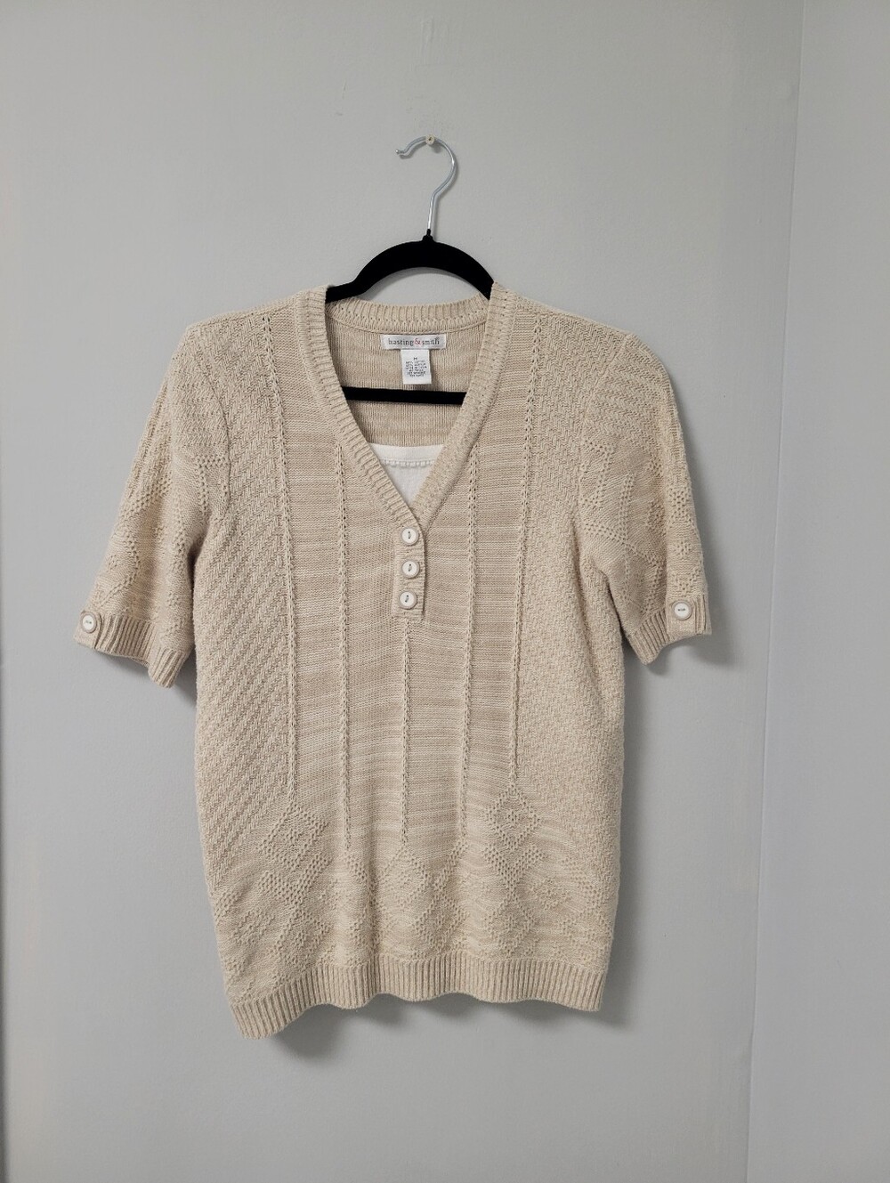 Vintage Hasting & Smith Beige Cable Knit Button Henley Sweater M